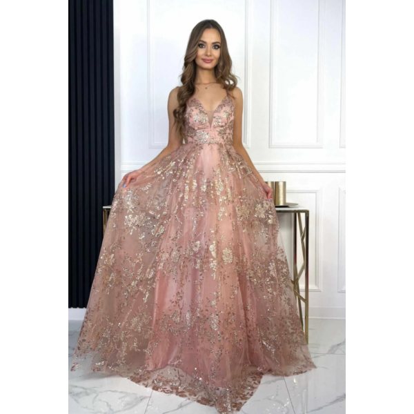 SVEČANA DOLGA PUDRASTO ROZA OBLEKA IZ TILA